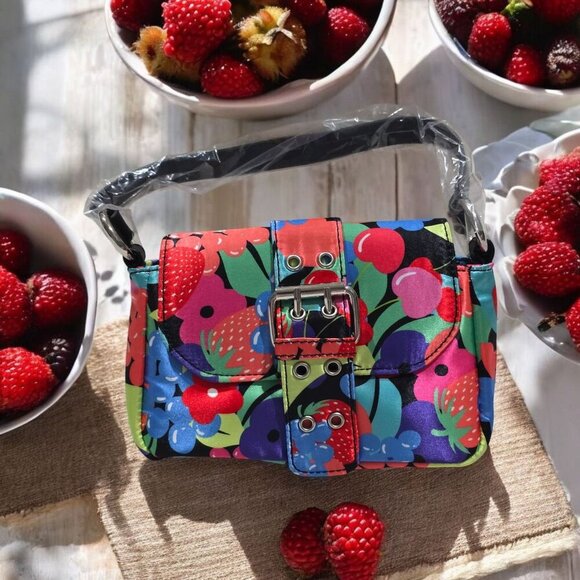 Current Mood Fruit Print Shoulder Bag–Red Black Y2K Graphic Purse Silver Buckle - Picture 1 of 12